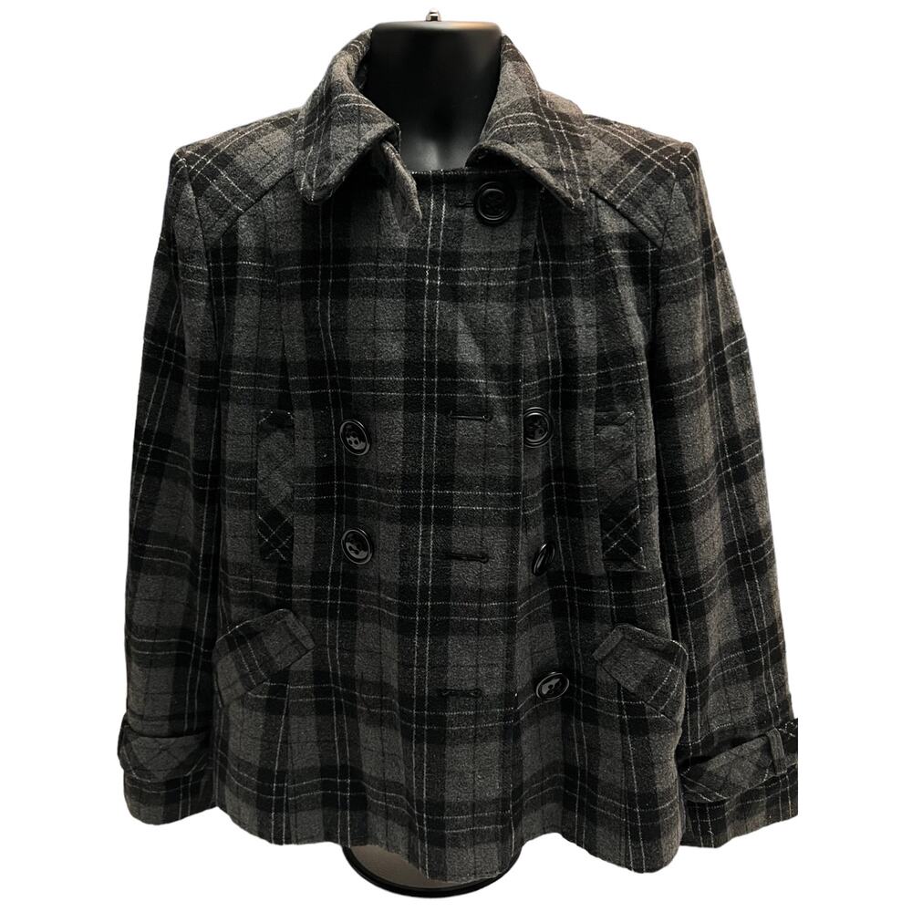 Giacca Women’s Plaid Wool Blend Peacoat‎ Jacket Large Gray Double Breasted Coat